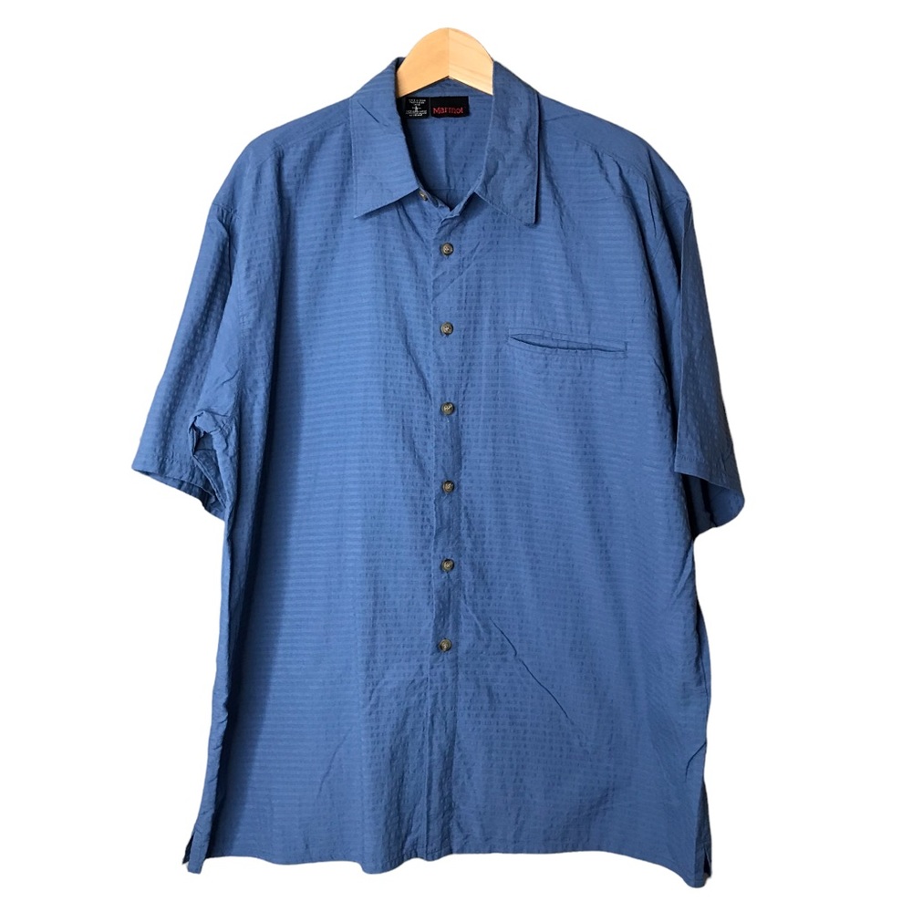 Marmot Short Sleeve Button Up Hiking Hike Outdoor Nylon Shirt Top Blue Large